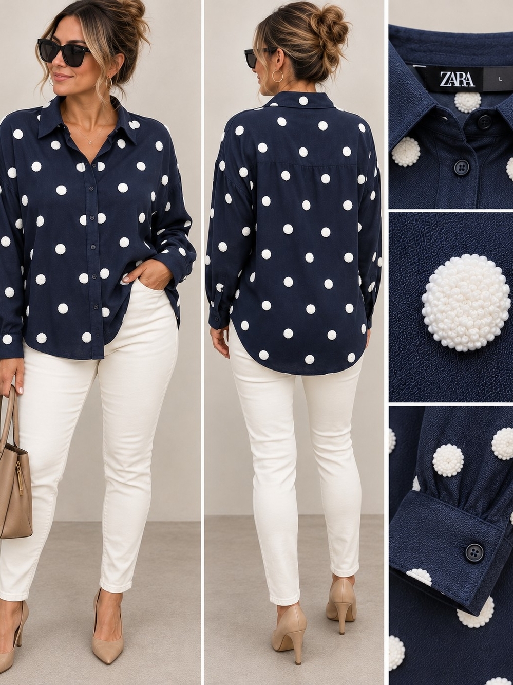 Zara Navy 3D Polka Dot Button Down Blouse Size L NWT